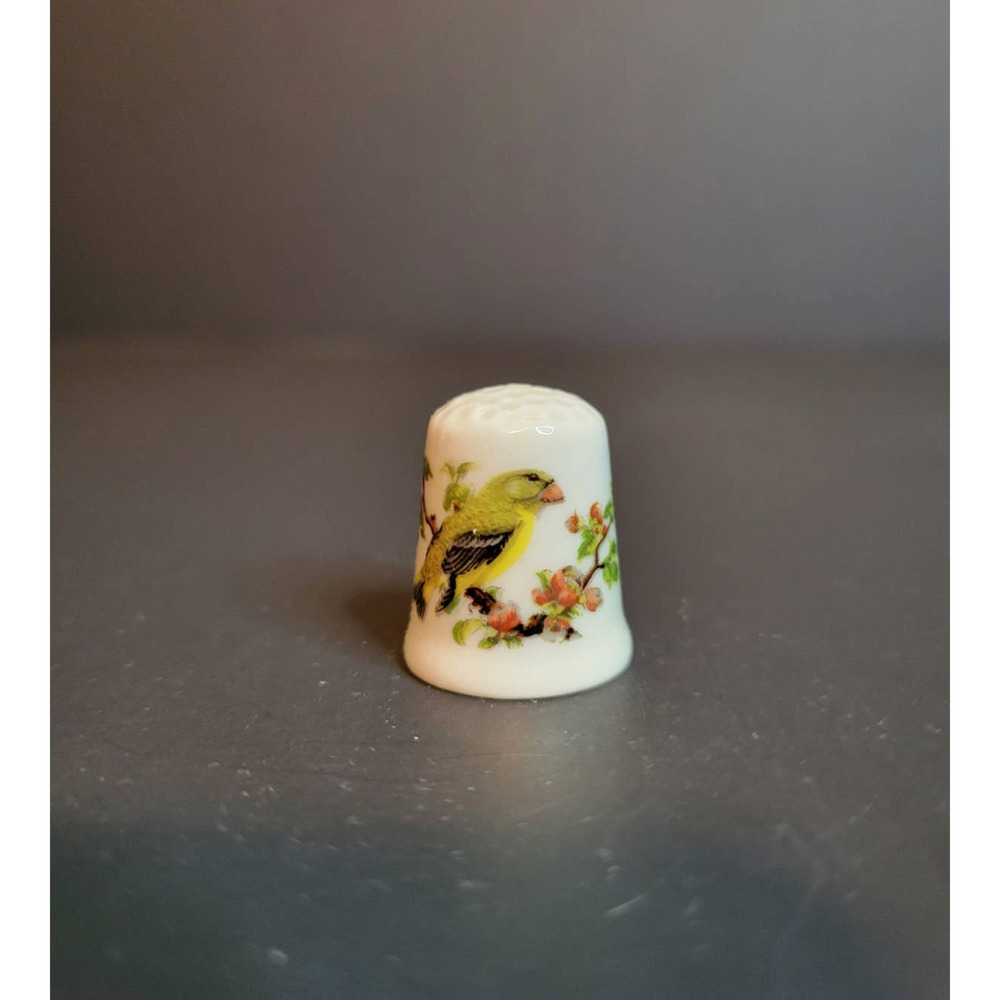 Vintage VA Portugal Yellow Finch Flower Branch Porcelain Thimble